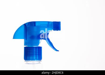 blue spray gun for spraying liquids on a white background Stock Photo