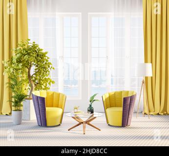 Modern living room interior design with contemporary armchairs 3d render 3d illustration Stock Photo