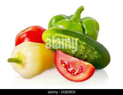 yellow and green sweet peppers, tomato and cucumber isolated on white background Stock Photo