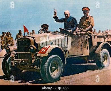Winston Churchill. British statesman who served as Prime minister of the United Kingdom from 1940 to 1945 during the Second world war. Born on november 30 1874, dead january 24 1965. Pictured doing his classic V sign riding in a military vehicle while in North Africa during WWII. Stock Photo