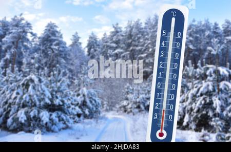Minus wintertime temperatures in a thermometer shows the low temperature against the background of the winter snow-covered forest. Stock Photo