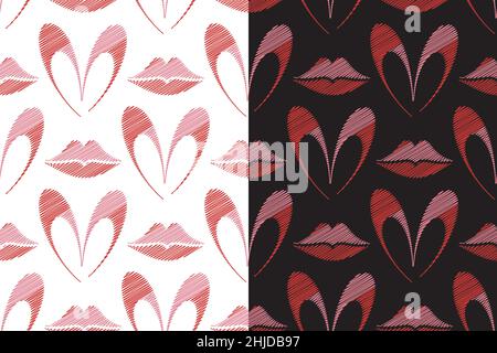 Heart, Lips seamless pattern. Embroidery hand made stitched style cartoon illustration, red pink tones color palette. Black or white easy editable Stock Vector