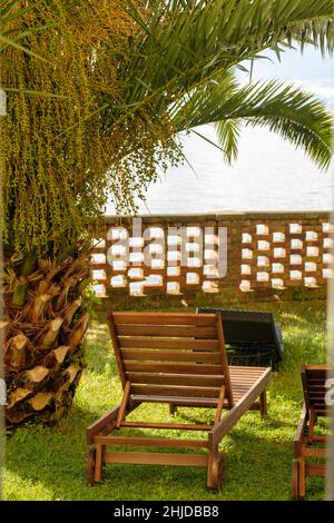 Wooden deck folded chairs stand on green grass under big palm tree with lush branches near brick fence against ocean on tropical island Stock Photo