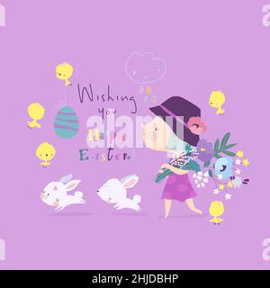 Cute Cartoon Girl with Floral Bouquet and Easter Rabbits Stock Vector