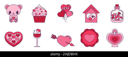 Retro Valentine Day set of icons. Love symbols in the fashionable pop line art style. The heart, bear, cupcake, and balloon are in soft pink, red, and Stock Vector