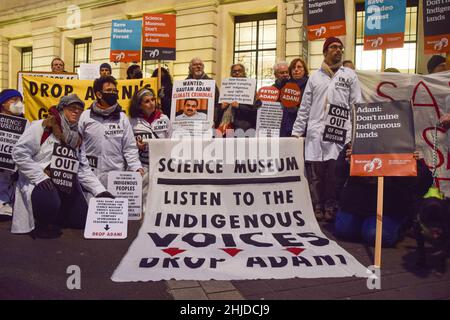 London, UK 26th January 2022. Demonstrators gathered outside the Science Museum in South Kensington in protest against the sponsorship of the museum's 'Energy Revolution' gallery by coal giant Adani, and in solidarity with Indigenous Peoples. Stock Photo