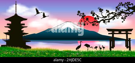 Silhouette Fuji mountain at sunset. Fuji against the backdrop of a pagoda, red sun, and crane birds. Stock Vector