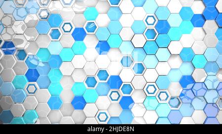 Structure background of blue, cyan and white reflective hexagons in random position reflecting a chemical formula. 3D Illustration Stock Photo