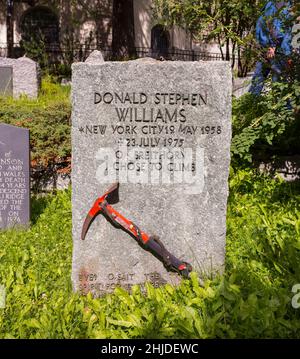 ZERMATT, SWITZERLAND - Memorial headstone with ice ax for climber Donald Stephen Williams,  Mountaineers' Cemetery, mountain climbers graveyard. Stock Photo