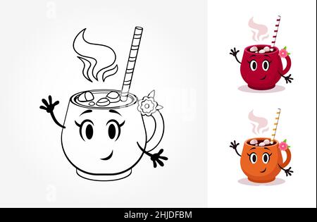 Vector cartoon cup coloring book. Contour illustration witn hot drink and marshmallow. Color variations Stock Vector