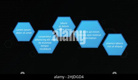 Five options dark background infographic template with blue color hexagonal shapes Stock Vector