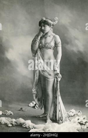 Mata Hari. Margaretha Geertruida MacLeod (née Zelle; 7 August 1876 – 15 October 1917), better known by the stage name Mata Hari (/'m??t? 'h??ri/), was a Dutch exotic dancer and courtesan who was convicted of being a spy for Germany during World War I. Professor Shipman, a noted scholar stated 'he believed she was innocent  and condemned only because the French Army needed a scapegoat. She was executed by firing squad in France. 1906 Stock Photo