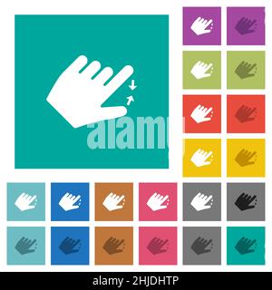 Left handed pinch close gesture multi colored flat icons on plain square backgrounds. Included white and darker icon variations for hover or active ef Stock Vector
