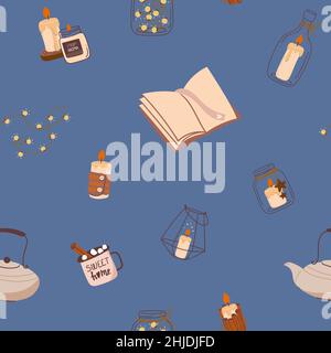 Cozy seamless pattern in hygge style. Candles, books and coffee with marshmallows. Vector in flat style Stock Vector