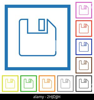 Save to floppy outline flat color icons in square frames on white background Stock Vector