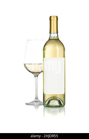Wine Glass and Bottle with Blank Label Ready For Graphic and Text Isolated on White. Stock Photo