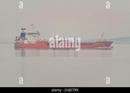 Patricia Essberger Oil, chemical Tanker on the Thames Estuary passing Southend on Sea, Essex, heading to Dagenham on a foggy grey morning Stock Photo
