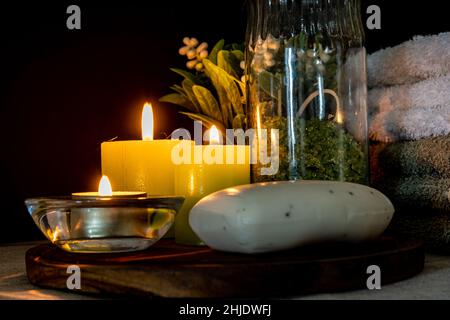 A Beauty and relaxation treatment in a spa. Soaps and bath salts for cleaning the skin. CopySpace. Stock Photo