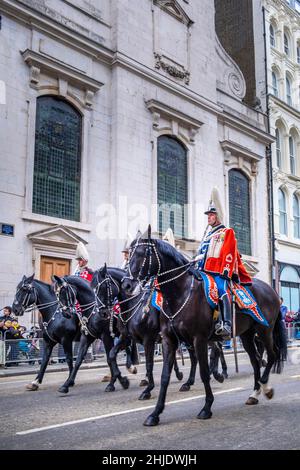 UK, England, London, City of London Financial District. Cavalry horsemen of the Life Guards - official guards to the Queen at the Lord Mayors Show. Stock Photo