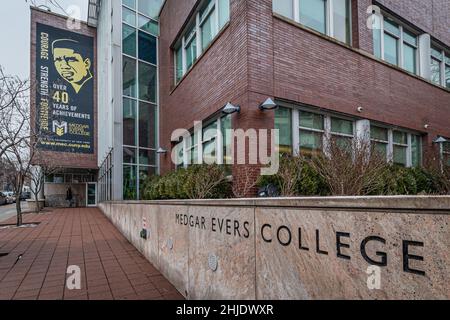 USA. 28th Jan, 2022. Main entrance to Medgar Evers College campus in
