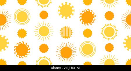 Sun yellow wrapper. Solar seamless pattern summer shine symbol scrapbook paper. Suns with sunbeams boundless background. Simple sunny comic repeat clipart holiday vector design for children Stock Vector