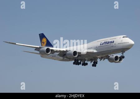 Lufthansa Boeing 747-830 (reg D-ABYG) shown seconds before touching down at the Los Angeles World Airport, LAX. Stock Photo
