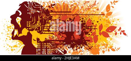 Abstract Grunge Artwork Featuring a Silhouette Head with Circuitry Design and Floral Elements Stock Vector