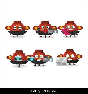 Character reporter red chinese hat cute mascot with microphone. Vector illustration Stock Vector