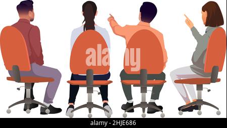 a group of business people men and woman sitting on chairs characters sitting in a lecture seminar in the office at the meeting vector illustration ch Stock Vector
