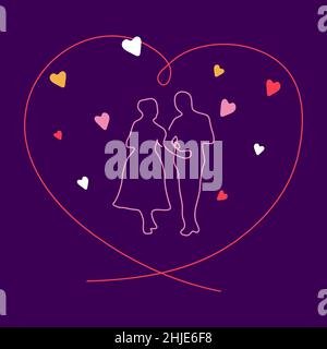 Happy couple in love, man and woman. Vector drawing by one continuous line. Postcard with romantic relationship and hearts. Purple, pink, orange, red Stock Vector