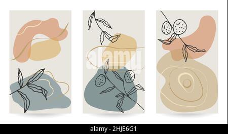 Set of vector abstract illustrations for wall decoration. Minimalist aesthetic bohemian print with floral and abstract shapes. Earthy tones. Stock Vector