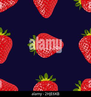 Ripe red strawberries on a dark blue background. Seamless pattern with berries. Organic food for a healthy diet. Stock Vector