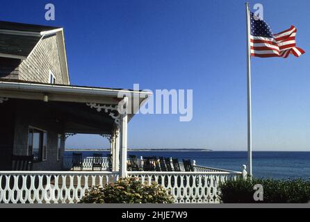 usa rhode islandblock island typical american villa american flag ocean view Stock Photo