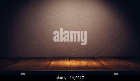 Oak plank podium or table in the dark with stone wall Stock Photo