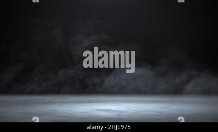 Gray textured concrete platform, podium or table with steam in the dark Stock Photo