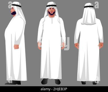arab muslim  men and women character wearing traditional clothing front back and side view vector arabic illustration in flat style Stock Vector