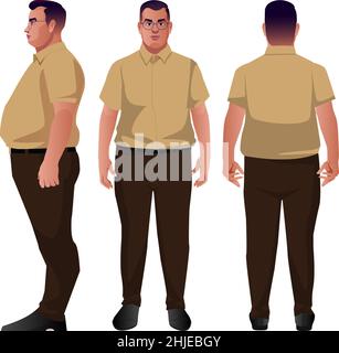 set of fat business men vector characters design diffrent posses front back and side view real character style Stock Vector