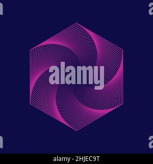 Abstract spiral geometric shape. Purple hexagon on blue background. Wireframe whirlpool waves. Digital technology swirl background. Linear pattern. Stock Vector