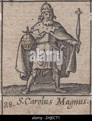 incunable, 15th century, medieval, saints, saint, religious, devotional, sacral, woodcut, engraved, engraving, january, month, calendar, catholic, rare, renaissance, illustrated, detailful, protector, protectors, printed, printing, latin, history, historical, original, pray, roman catholic, eastern, orthodox, church, represantions, pope, priests, monks, kings, recluses, hermit, passion, secular, symbol, spiritual, holiness, art, handcrafted, artwork, craftmanship, incunabula ,  Saint Carolus Magnus / Charlemagne Stock Photo