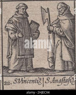 incunable, 15th century, medieval, saints, saint, religious, devotional, sacral, woodcut, engraved, engraving, january, month, calendar, catholic, rare, renaissance, illustrated, detailful, protector, protectors, printed, printing, latin, history, historical, original, pray, roman catholic, eastern, orthodox, church, represantions, pope, priests, monks, kings, recluses, hermit, passion, secular, symbol, spiritual, holiness, art, handcrafted, artwork, craftmanship, incunabula ,  Saint Vincenti and Saint Anastasi Stock Photo