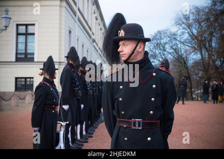 OSLO, NORWAY - DECEMBER 22, 2019: Norwegian Royal guard in front of the royal palace Stock Photo