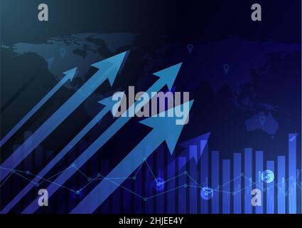 Business stick graph on world map background. Chart of global marketing investment trend vector illustration. Stock Vector