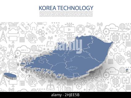 Korea activities global technology linear icon concept. Map outline digital business internet telecom symbol. Mobile laptop computer wifi connect devi Stock Vector