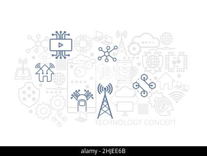 Set of activities global technology linear icon concept. Outline digital business internet telecom symbol. Mobile laptop computer wifi connect device Stock Vector