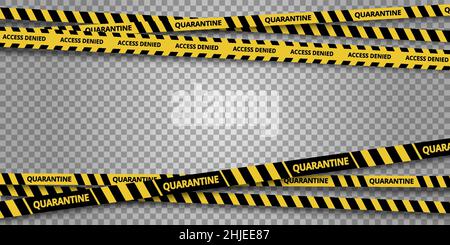 Strips of quarantine. Cordon warning caution sign. Black and yellow danger zone line with shadow on transparent background. Brushes included. Stock Vector