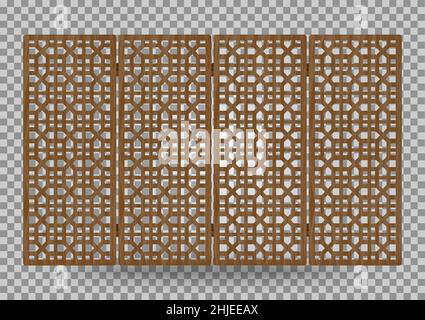 Traditional korea ornament wooden decorative frame pattern. Room divider antique decoration. Antique art vector illustration. Natural color wood surfa Stock Vector
