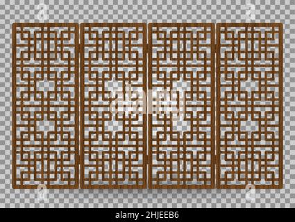 Traditional korea ornament wooden decorative frame pattern. Room divider antique decoration. Antique art vector illustration. Natural color wood surfa Stock Vector