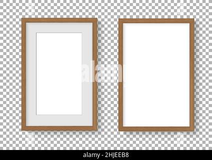 Photo image frame. Isolated on wooden border . Vertical wall mock up composition Natural wood  border object with shadow. Template for picture Vector Stock Vector