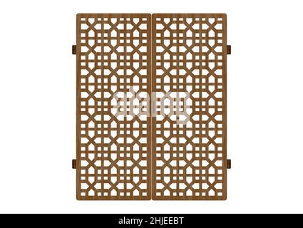 Traditional korean ornament frame pattern. Double door swing antique decoration art vector illustration. Natural color wood. Surface timber. Stock Vector