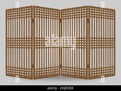 Traditional korea ornament wooden shutter frame pattern. Room divider antique decoration art vector illustration. Natural color wood. Surface timber. Stock Vector